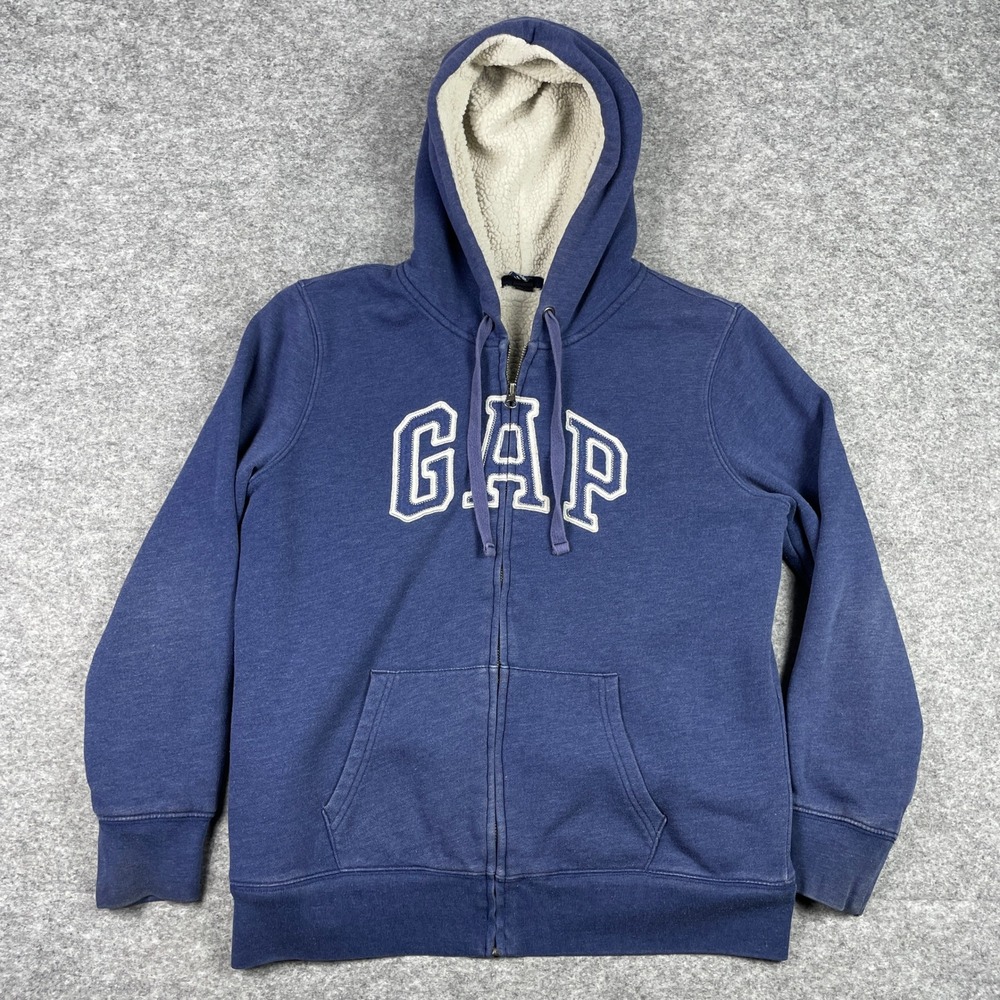 Gap Hoodie Mens L Blue Sherpa Lined Full Zip Arch Applique Fleece Sweatshirt